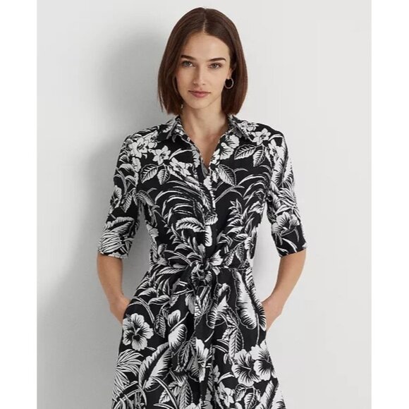 Lauren Ralph Lauren Linen Shirt Midi Dress Size 16W Black & White Self-Tie Waist - Picture 2 of 13